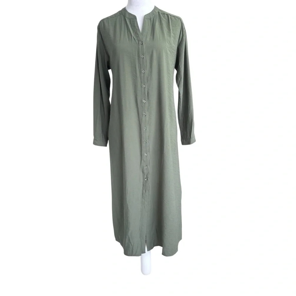 Banana Republic Button-Down Long Sleeve Maxi Kaftan Dress in Olive Green XS Tall - Picture 5 of 9